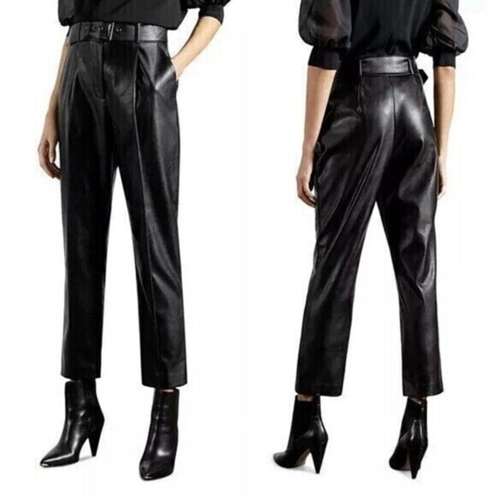 Ted Baker Leather Pants Womens 2 Black Faydell High Waisted Belted Trousers NWT